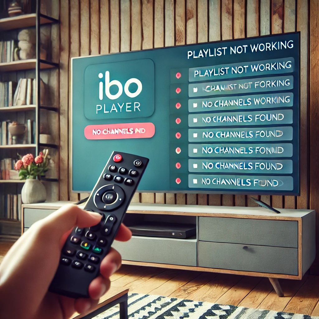 Smart-TV mit IBO Player Benutzeroberfläche und Fehlerhinweis „Playlist funktioniert nicht“ in moderner Wohnzimmerumgebung