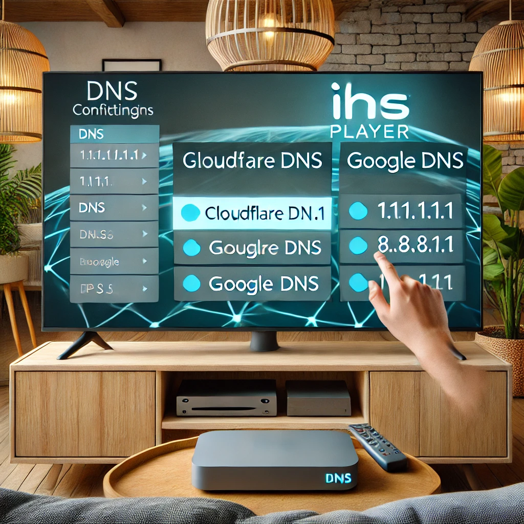 Smart-TV zeigt DNS-Konfiguration mit Auswahl von Cloudflare DNS 1.1.1.1 für besseres IPTV-Streaming mit IBO Player im Wohnzimmer