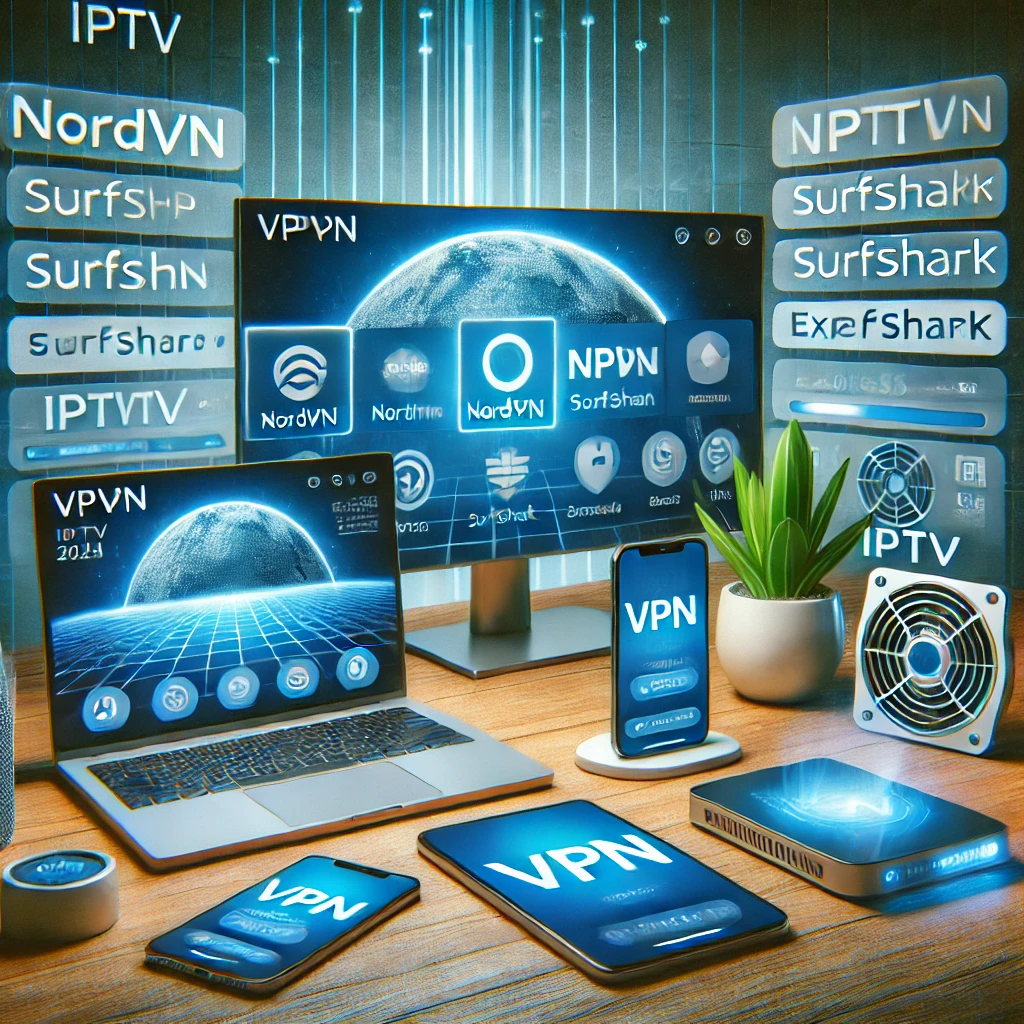 Smart-TV, Laptop und Smartphone mit geöffneten VPN Apps wie NordVPN und Surfshark beim IPTV-Streaming im Jahr 2025