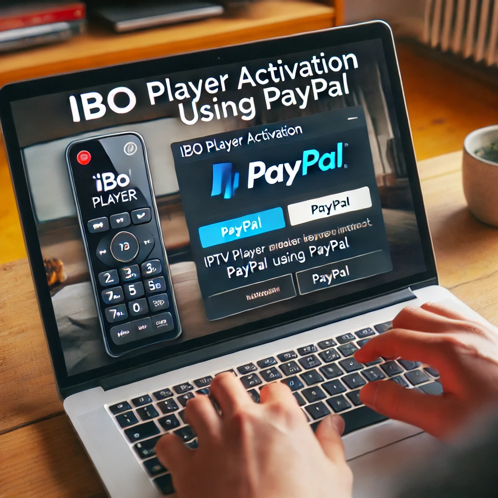 Laptop mit geöffneter IBO Player Aktivierungsseite, Nutzer gibt Device Key ein und wählt PayPal zur IPTV-Freischaltung in Deutschland