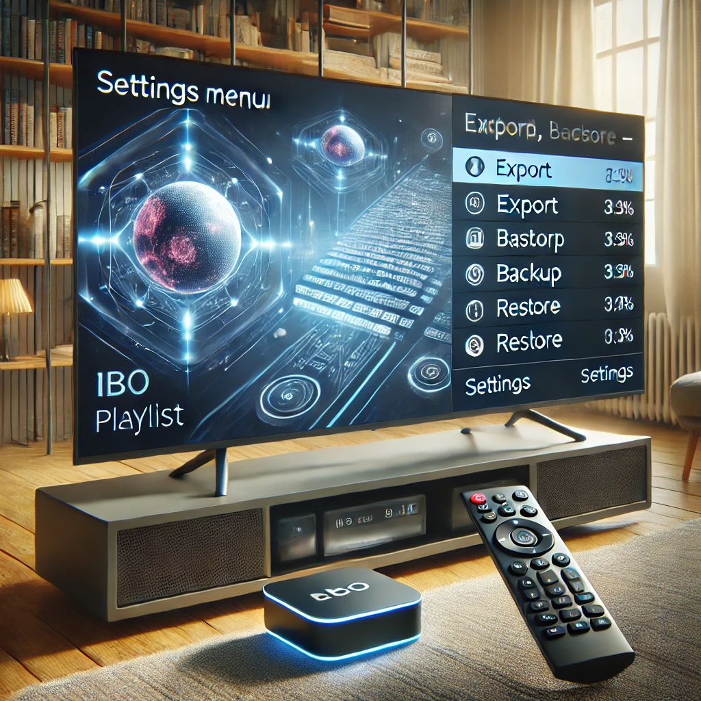 IBO Player Menü mit Optionen zum Sichern und Wiederherstellen von IPTV-Wiedergabelisten