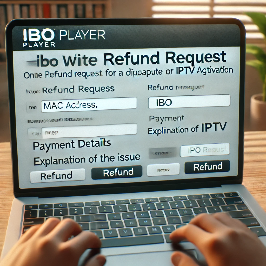 Laptop zeigt IBO Player Webformular zur Rückerstattungsanfrage bei doppelter Aktivierung im Home-Office
