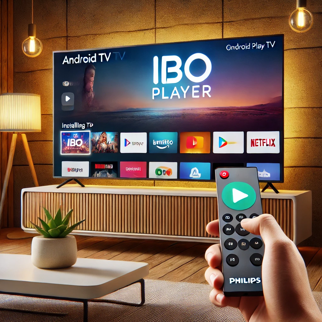 Philips Smart TV mit geöffnetem Google Play Store und IBO Player App zur Installation