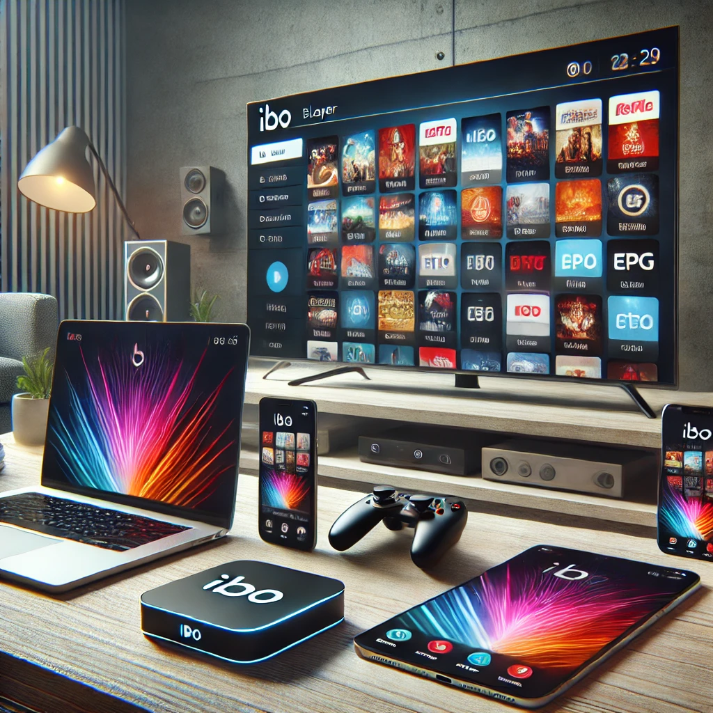 IBO Player Benutzeroberfläche auf Smart-TV, Smartphone, Tablet und Laptop für IPTV-Streaming über mehrere Plattformen