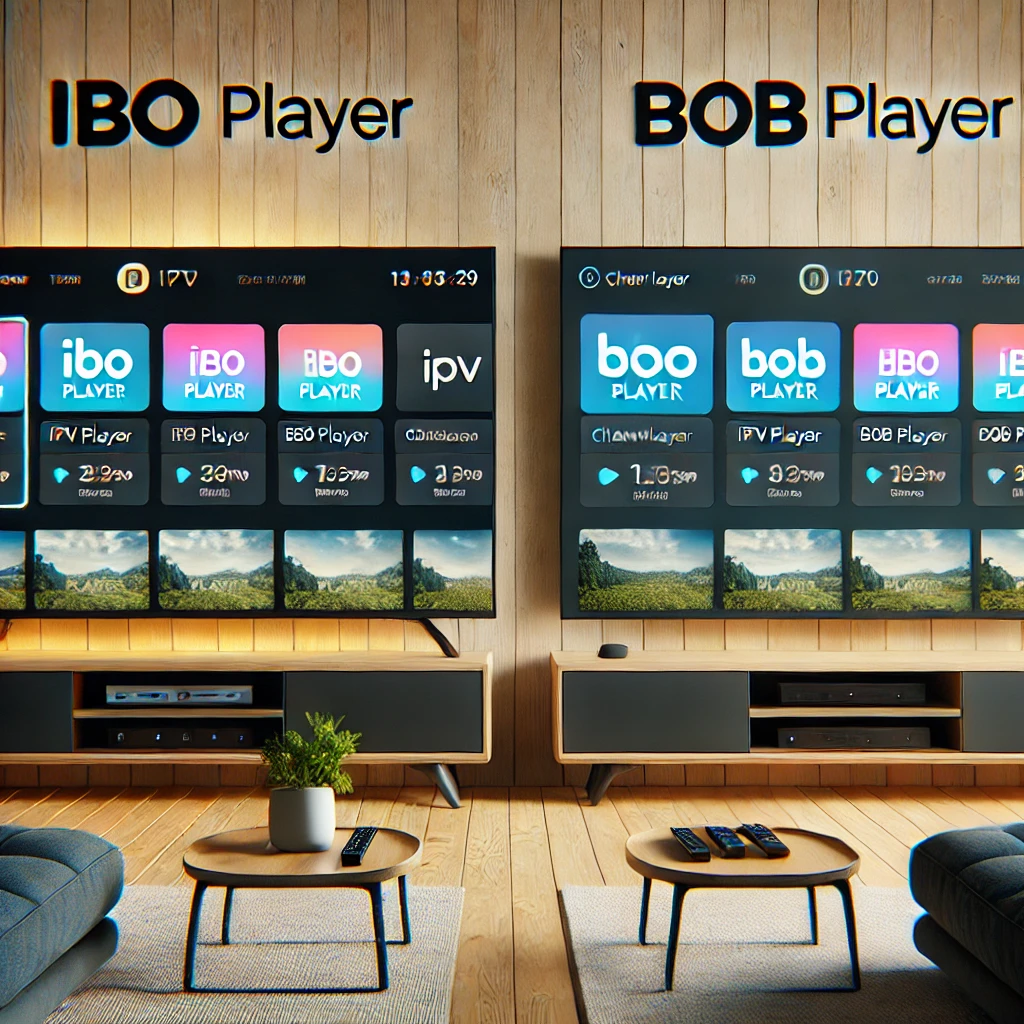 Zwei Smart TVs nebeneinander mit geöffneter Benutzeroberfläche von IBO Player und BOB Player im Vergleich der IPTV-Apps im Wohnzimmer