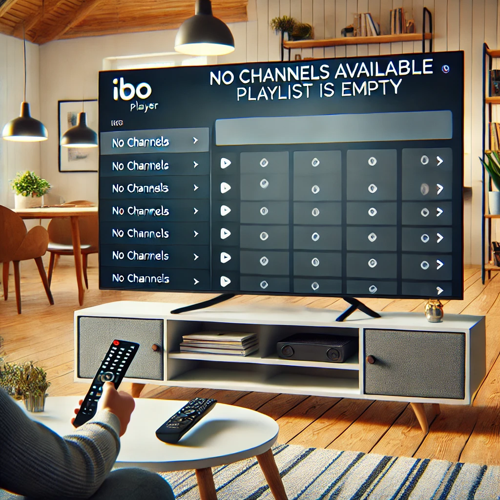 Smart-TV mit IBO Player zeigt leere Playlist und Fehlermeldung „Keine Kanäle verfügbar“ im Wohnzimmer