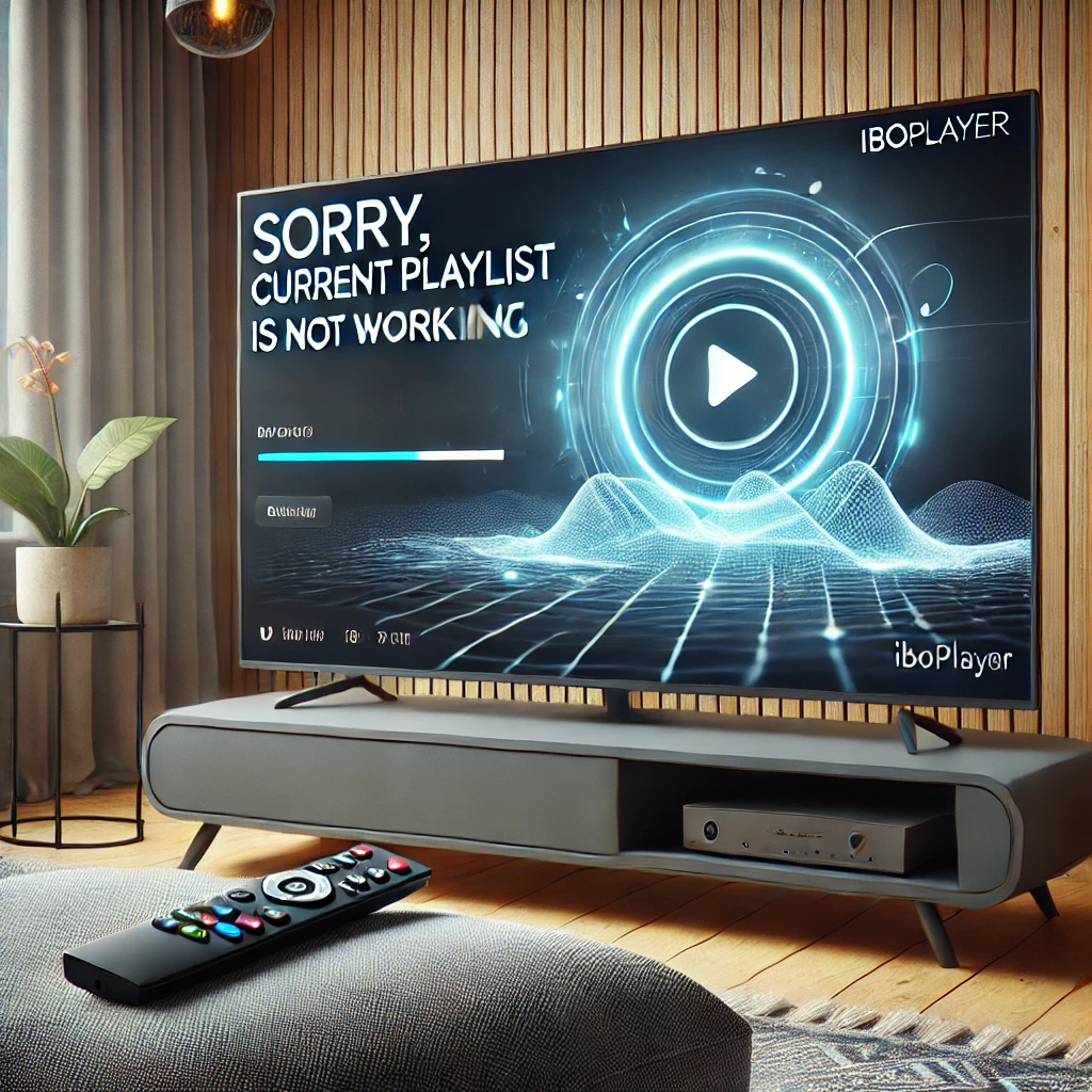 IBOPlayer zeigt Fehlermeldung „Sorry, Current Playlist is Not Working“ auf einem Fernseher im Wohnzimmer