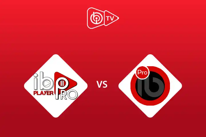 Vergleichsansicht von IBOPlayer und IBOPlayer Pro auf einem Smart-TV: links Basisversion mit Werbung, rechts Pro-Version mit Profilfunktion und Dunkelmodus