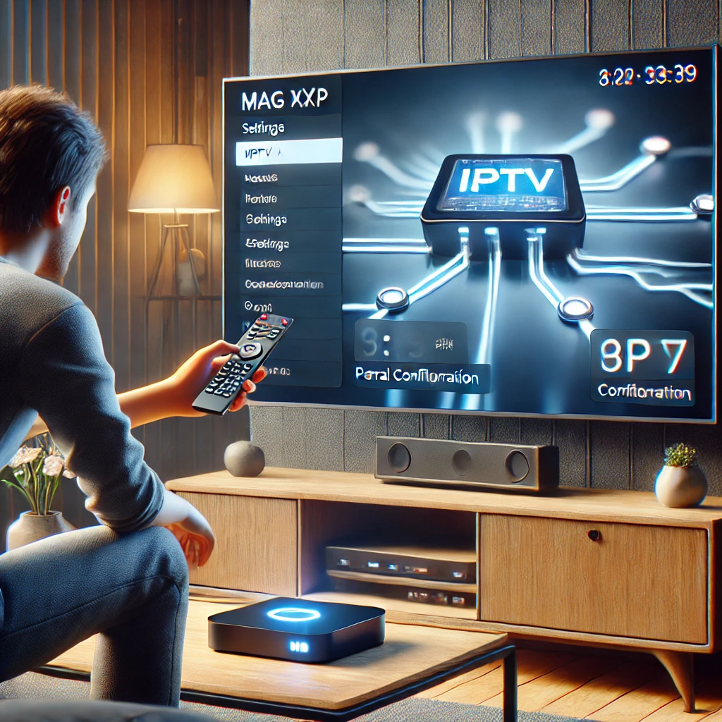 Nutzer konfiguriert IPTV-Einstellungen auf MAG Box vor Smart TV im Wohnzimmer