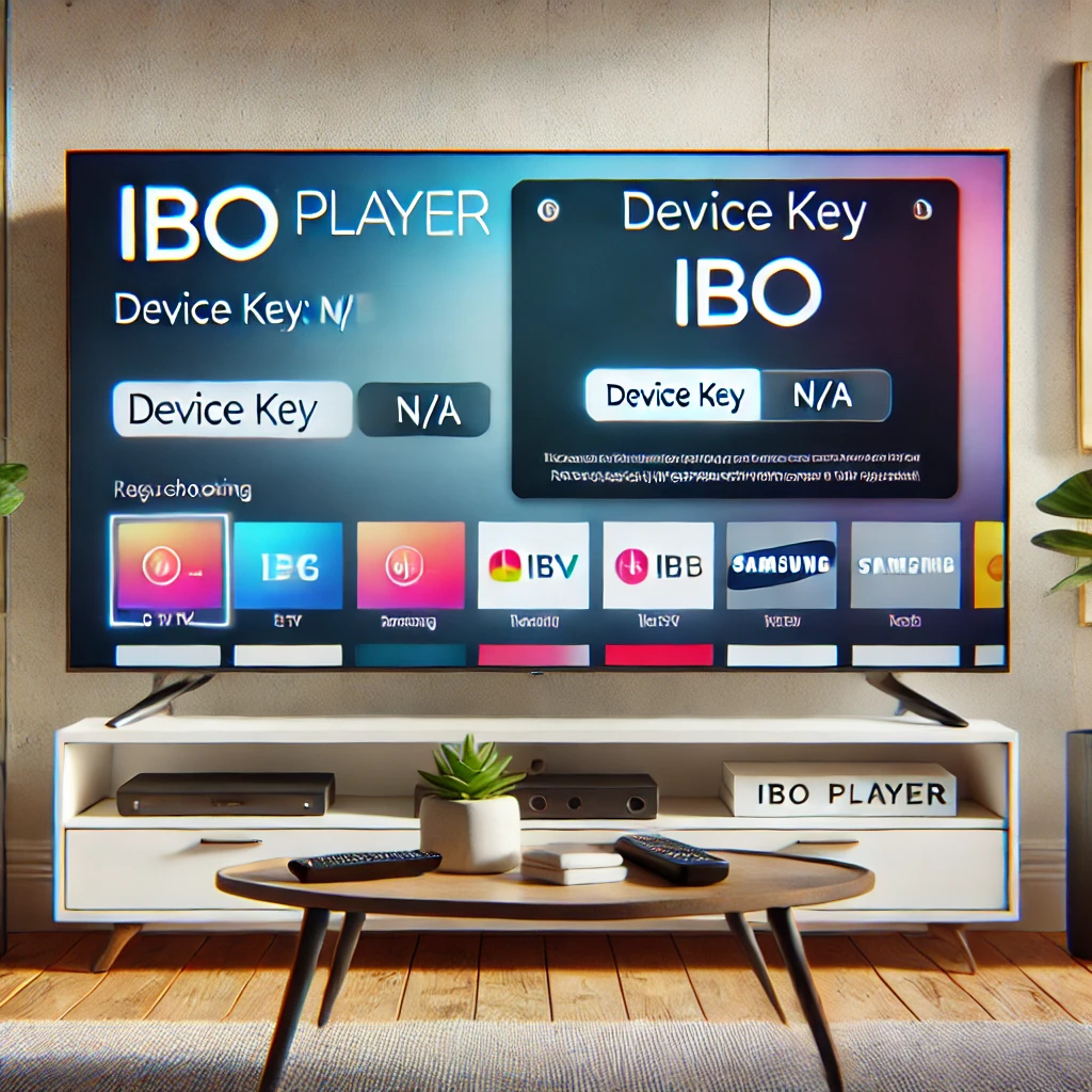 Smart-TV zeigt IBO Player Fehler „Device Key N/A“ mit Fernbedienung in Wohnzimmerumgebung