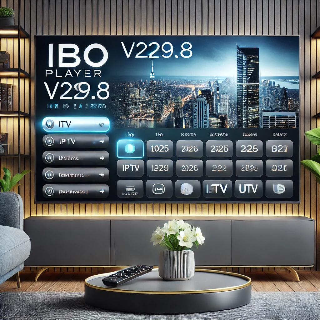 Smart TV mit IBO Player v229.8 Benutzeroberfläche – Darstellung der neuen IPTV-Funktionen, modernem Design und verbesserten Streaming-Performance 2025