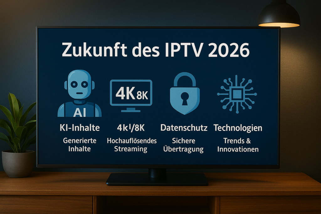 Modernes Wohnzimmer mit Smart TV, der eine futuristische IPTV-Oberfläche mit 4K-KI-Inhalten zeigt