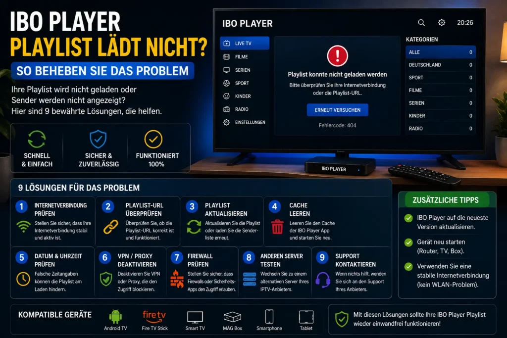 IBO Player mit nicht geladener IPTV-Playlist auf einem Smart TV und Lösungen zur Fehlerbehebung