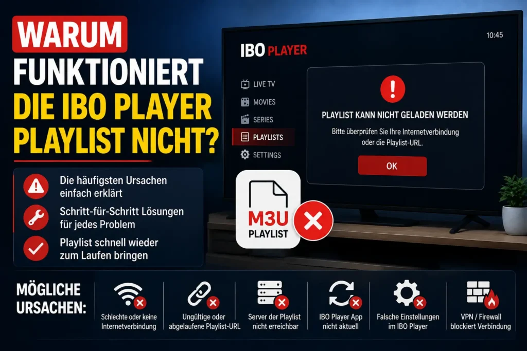IBO Player Playlist funktioniert nicht – Bildschirm mit Playlist-Fehler und Lösungen für Ladeprobleme
